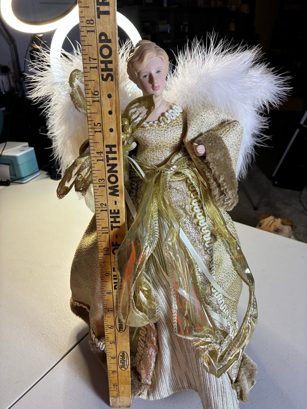 Vtg 18" Angel Christmas Tree Topper Gold Dress White Feather Wings Porcelain